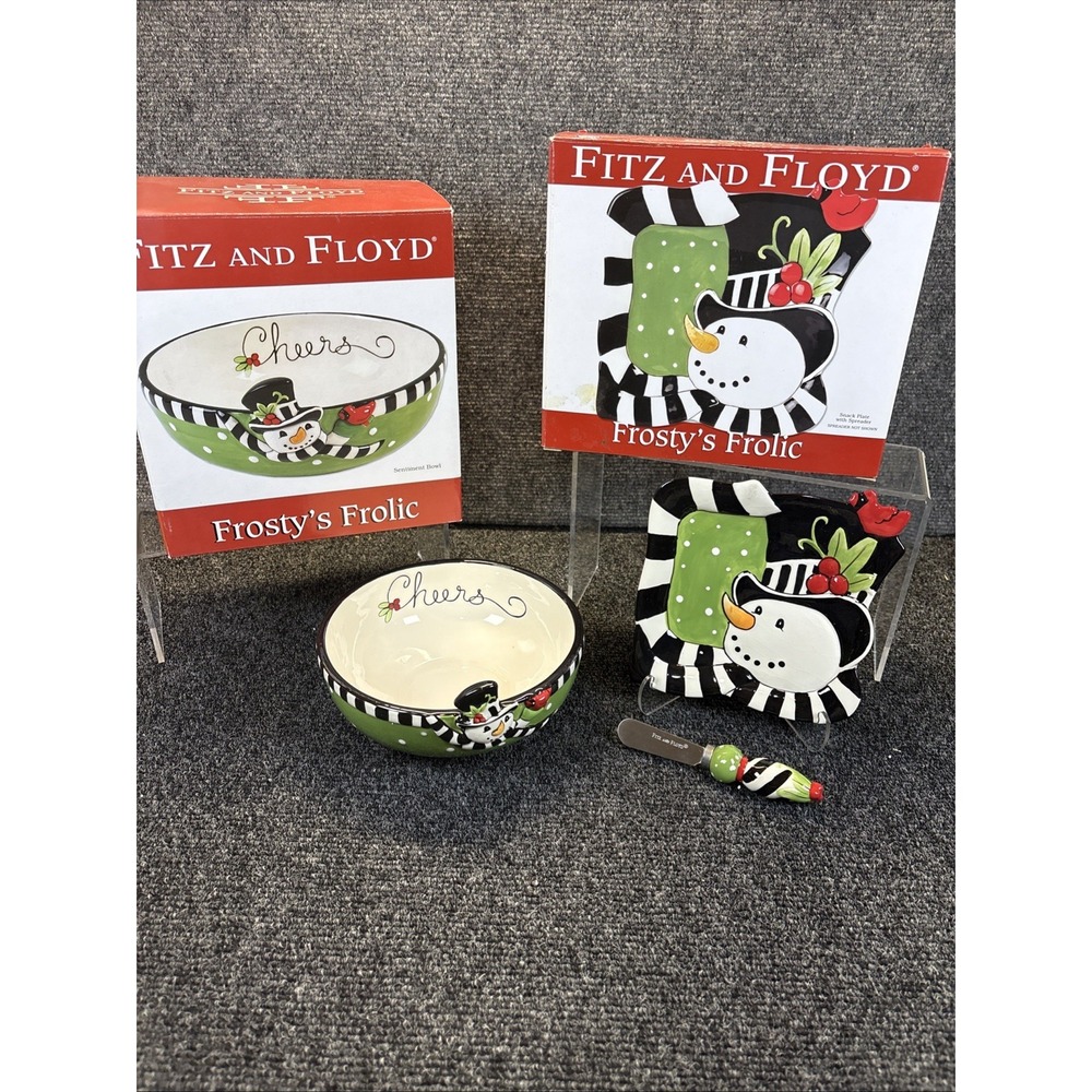 Fitz And Floyd~Frosty's Frolic~Sentiment Bowl & Snack Plate w/Spreader